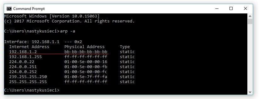 Wpis w tabeli ARP Klienta 1 dotyczący Klienta 2