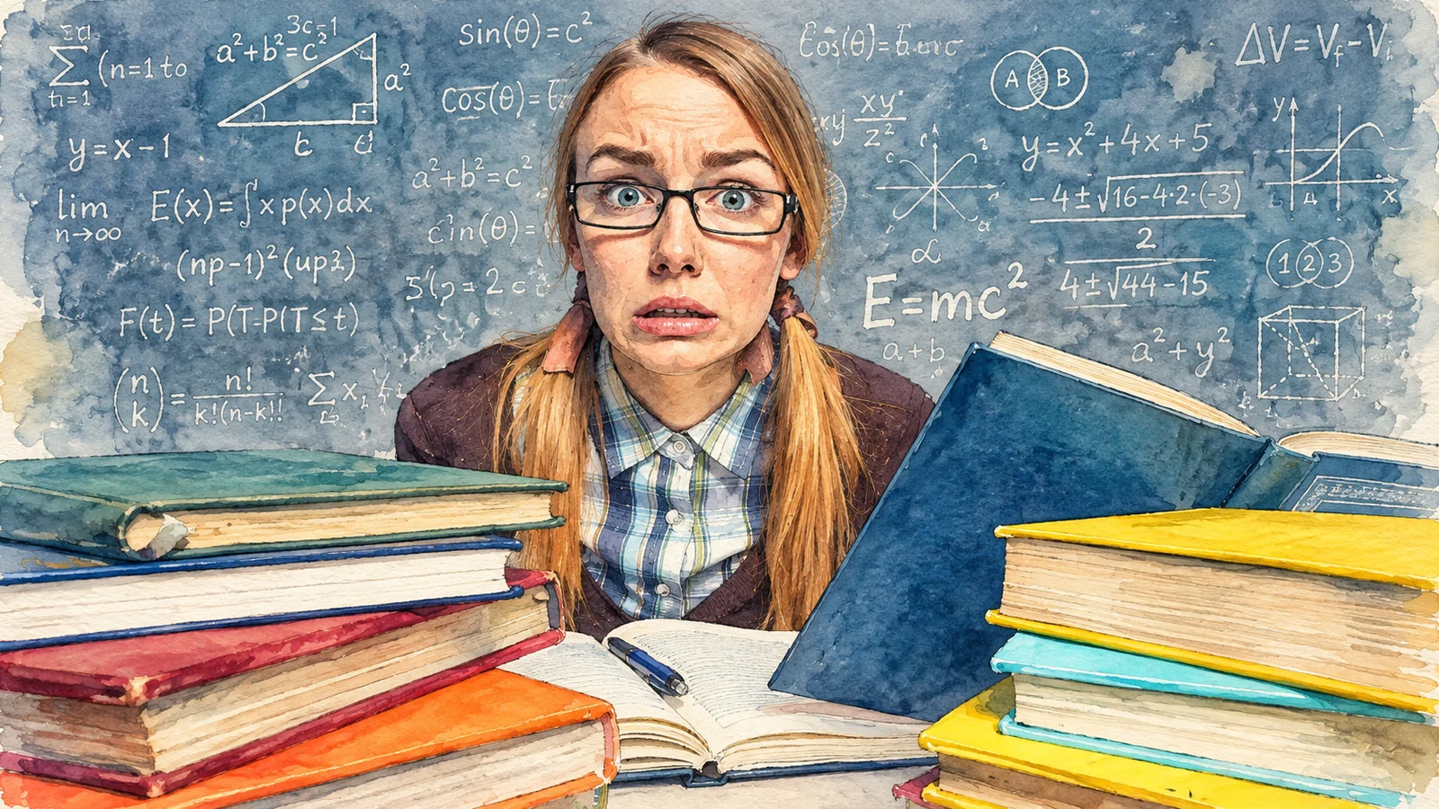 Ilustracja tuszem i akwarelą: studentka w okularach wśród książek na tle tablicy z równaniami