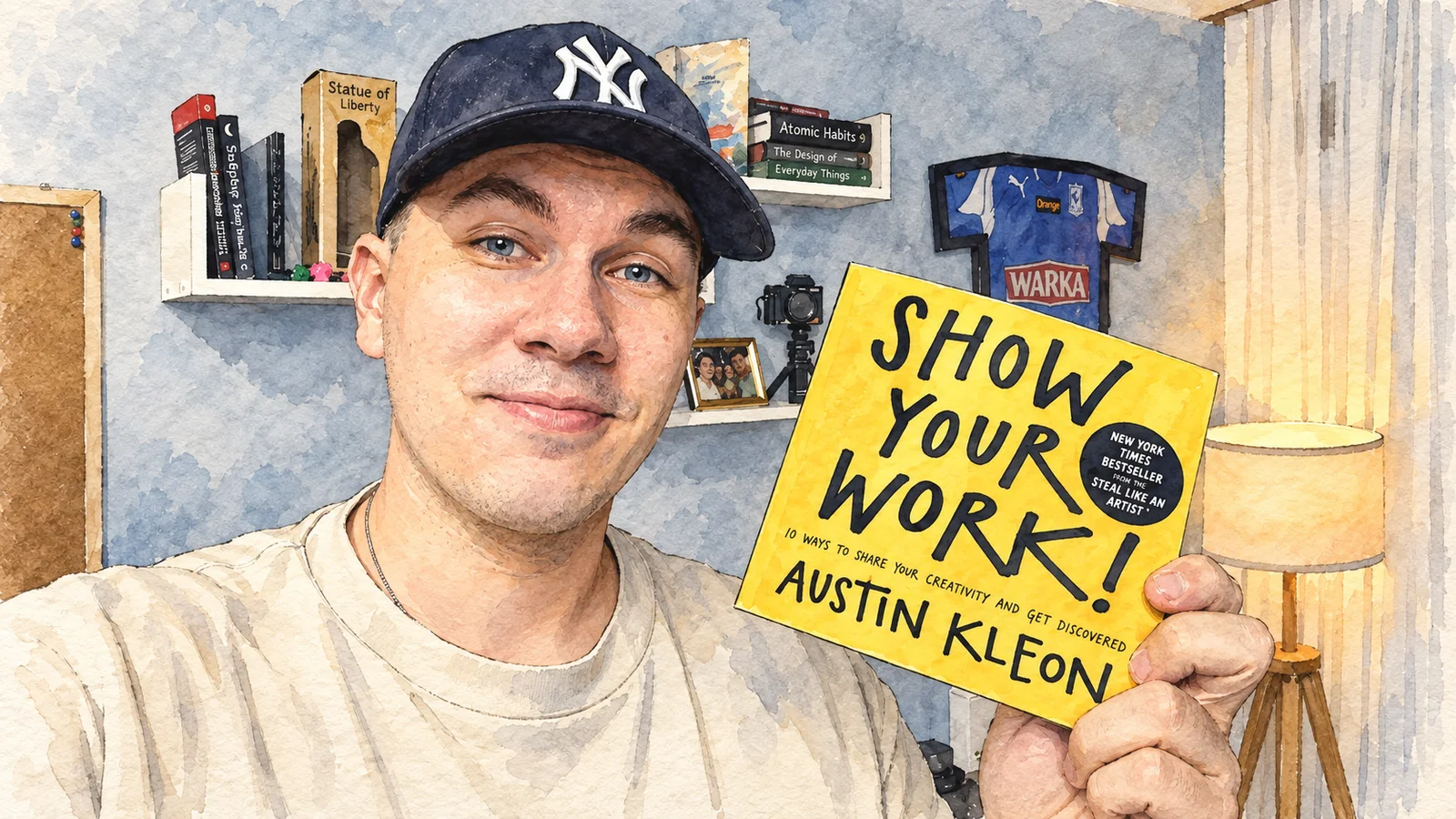 Ilustracja tuszem i akwarelą: Damian z książką „Show Your Work!” Austina Kleona