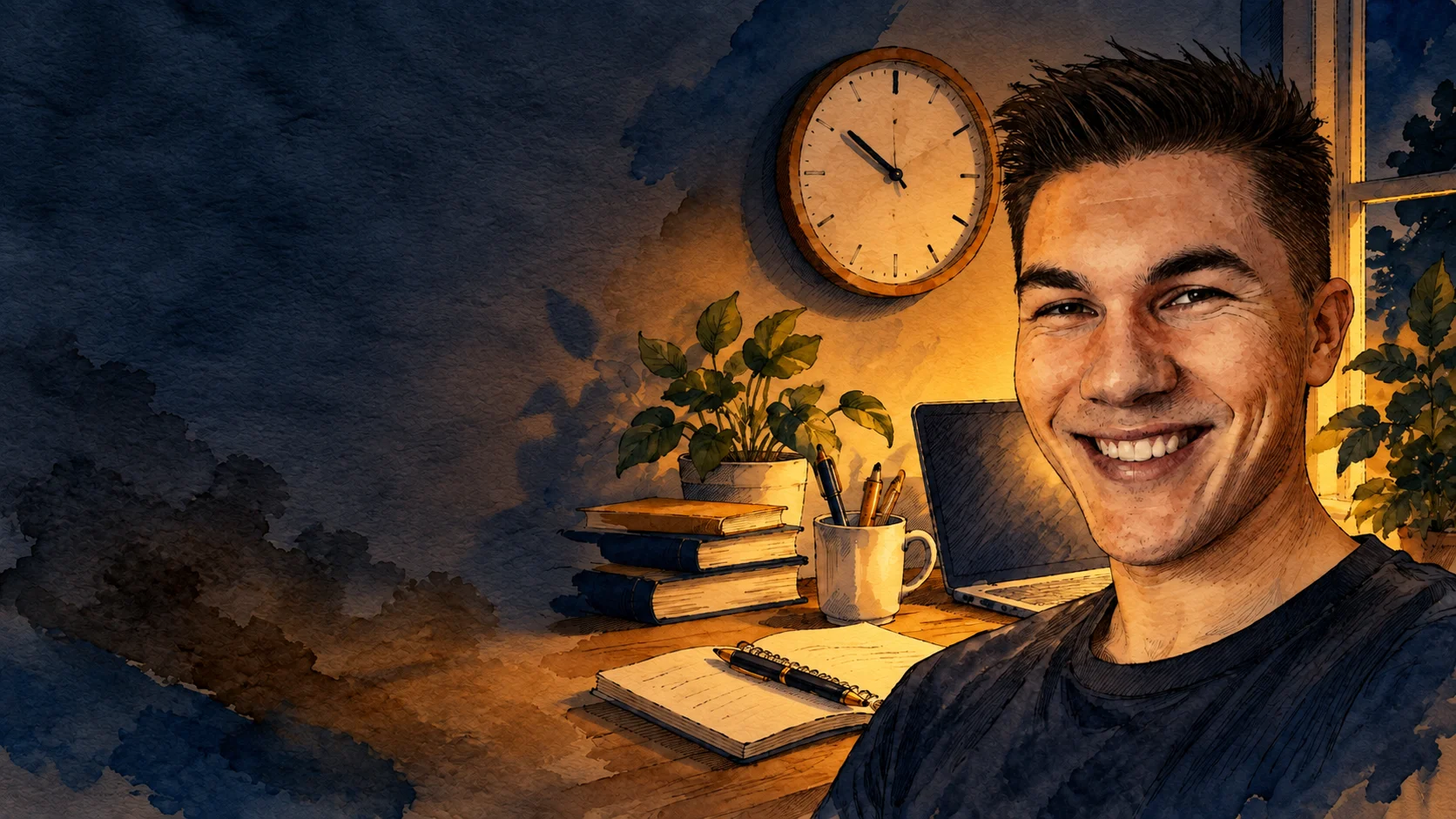 CCIE vlog #05 – jak znaleźć czas na naukę? — ilustracja tuszem i akwarelą