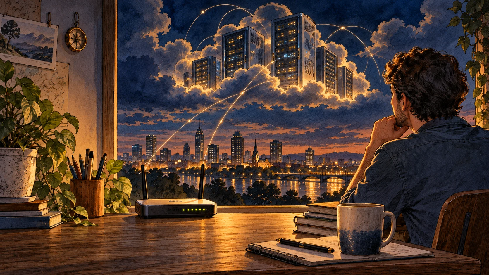 Czarne chmury nad sieciowcami – czy cloud pozbawi Cię pracy? — ilustracja tuszem i akwarelą