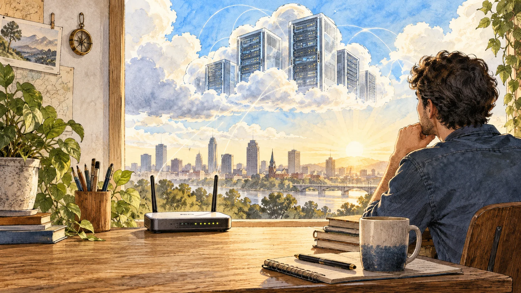 Czarne chmury nad sieciowcami – czy cloud pozbawi Cię pracy? — ilustracja tuszem i akwarelą