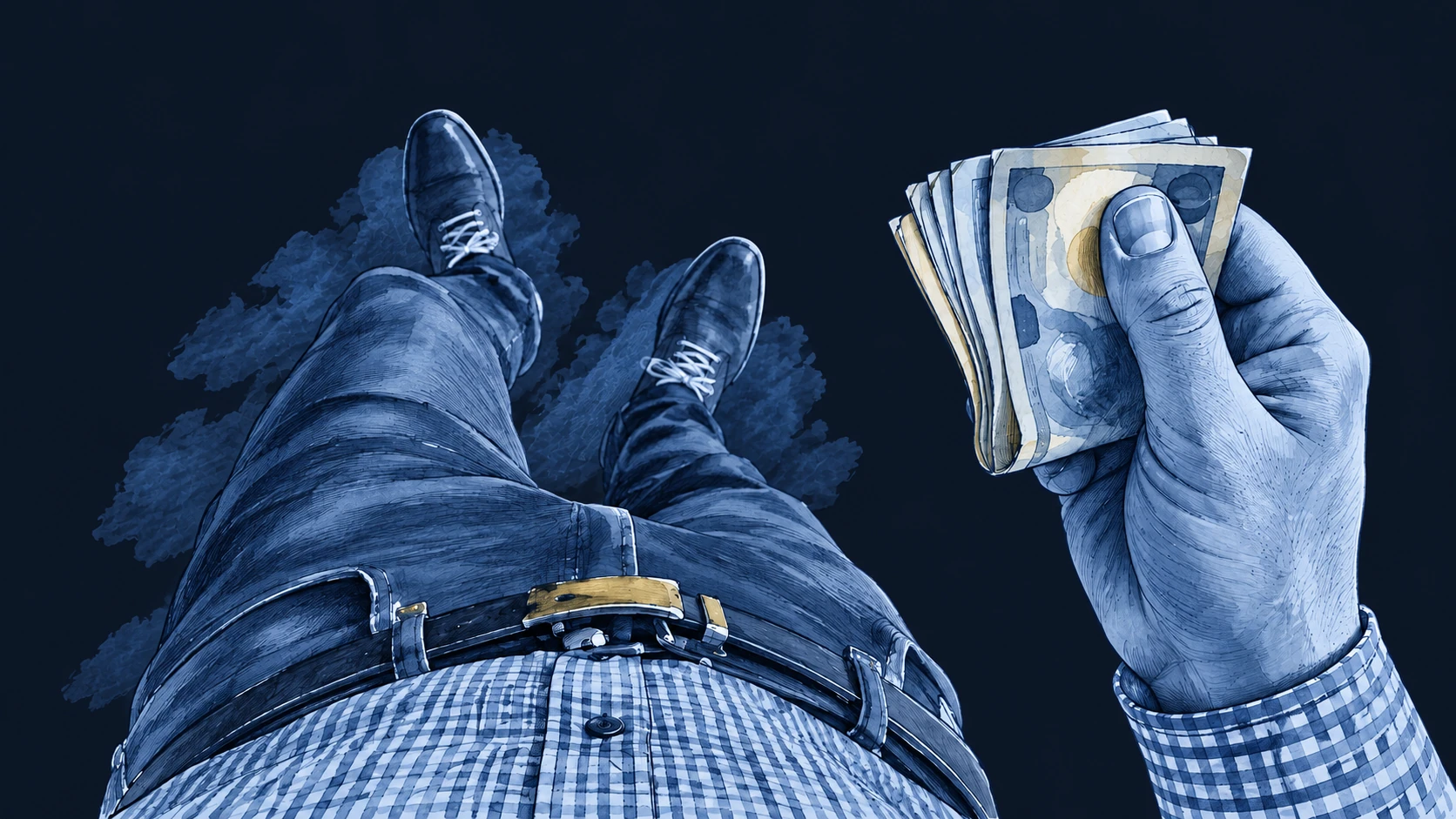 Ilustracja tuszem i akwarelą na podstawie oryginalnej okładki: Zarabiam dużo… co dalej?