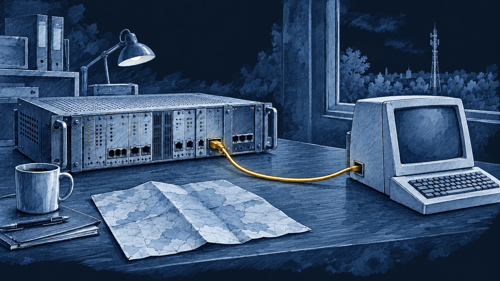 Ilustracja tuszem i akwarelą na podstawie oryginalnej okładki: Ewolucja sieci na przestrzeni lat – Pro Futuro