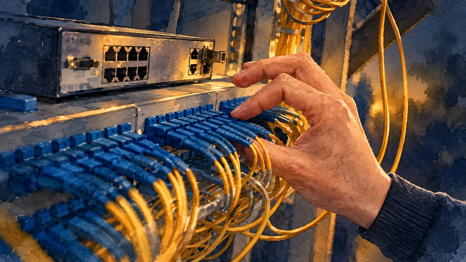 Ilustracja tuszem i akwarelą na podstawie oryginalnej okładki: Jaki sprzęt kupić do fizycznego laba CCNA w 2024 roku?