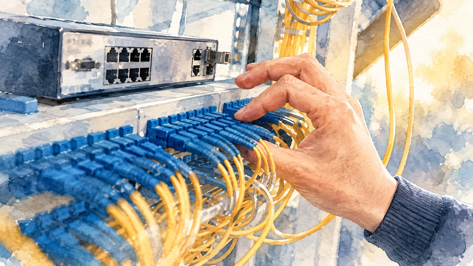 Ilustracja tuszem i akwarelą na podstawie oryginalnej okładki: Jaki sprzęt kupić do fizycznego laba CCNA w 2024 roku?