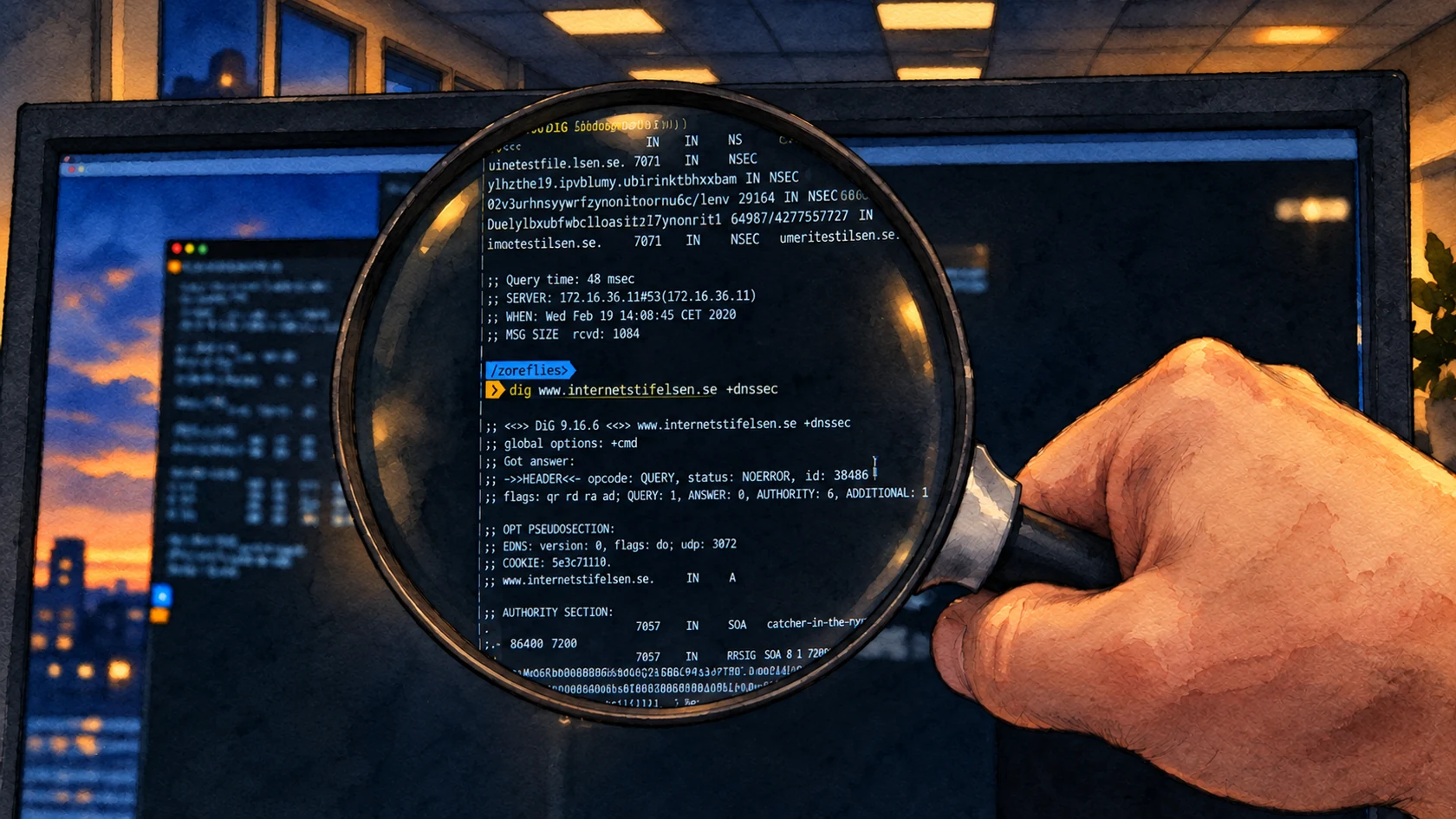 Ilustracja tuszem i akwarelą na podstawie oryginalnej okładki: Jak działa komunikacja DNS?