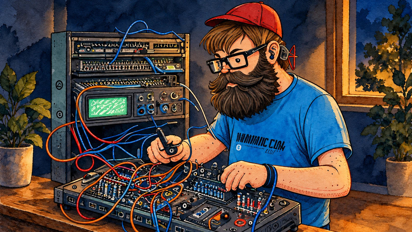 Ilustracja tuszem i akwarelą na podstawie oryginalnej okładki: Konfiguracja VLANów na przełącznikach Cisco