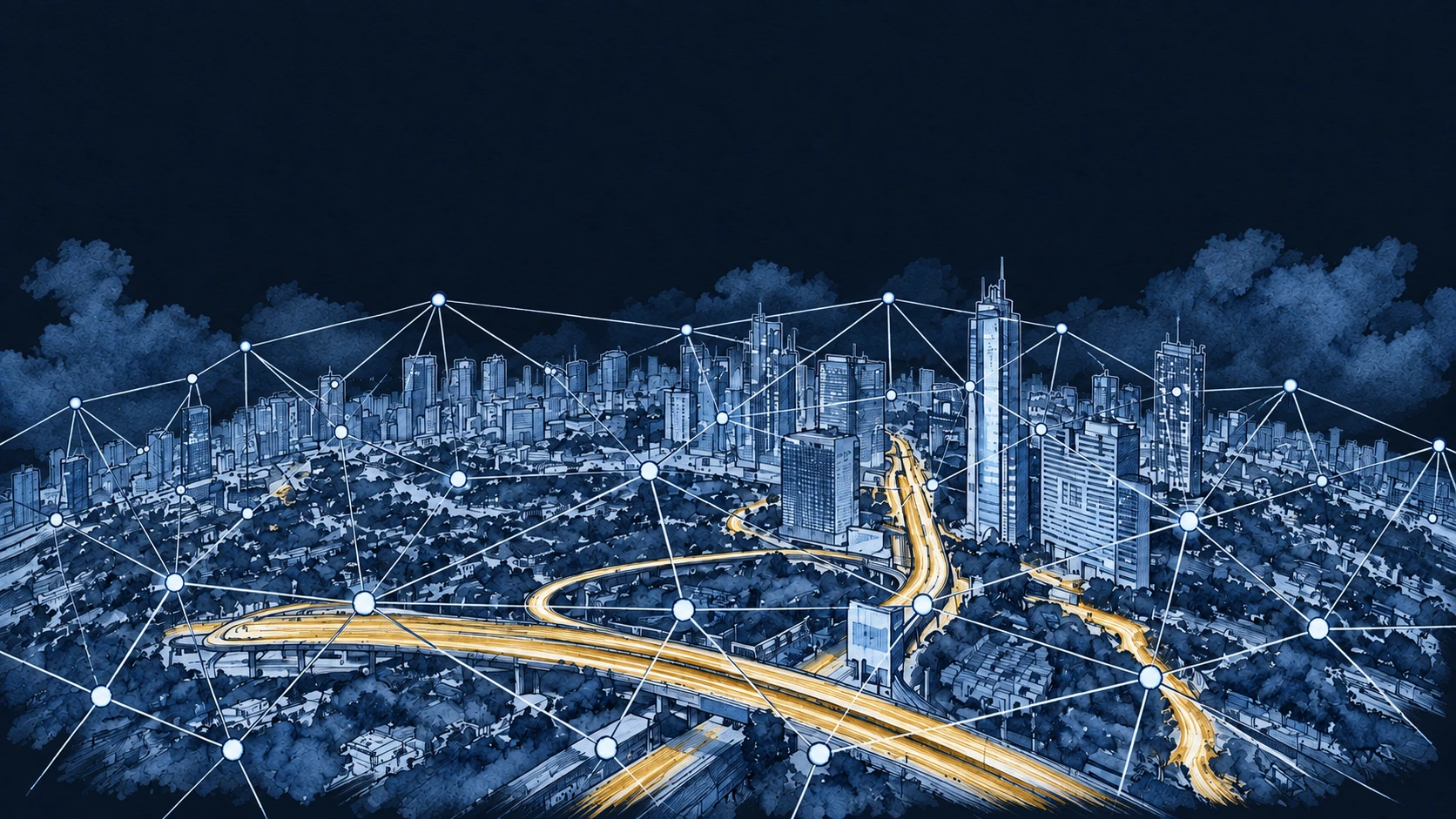 Ilustracja tuszem i akwarelą na podstawie oryginalnej okładki: Wireless mesh – kwintesencja życia bez LAN-u