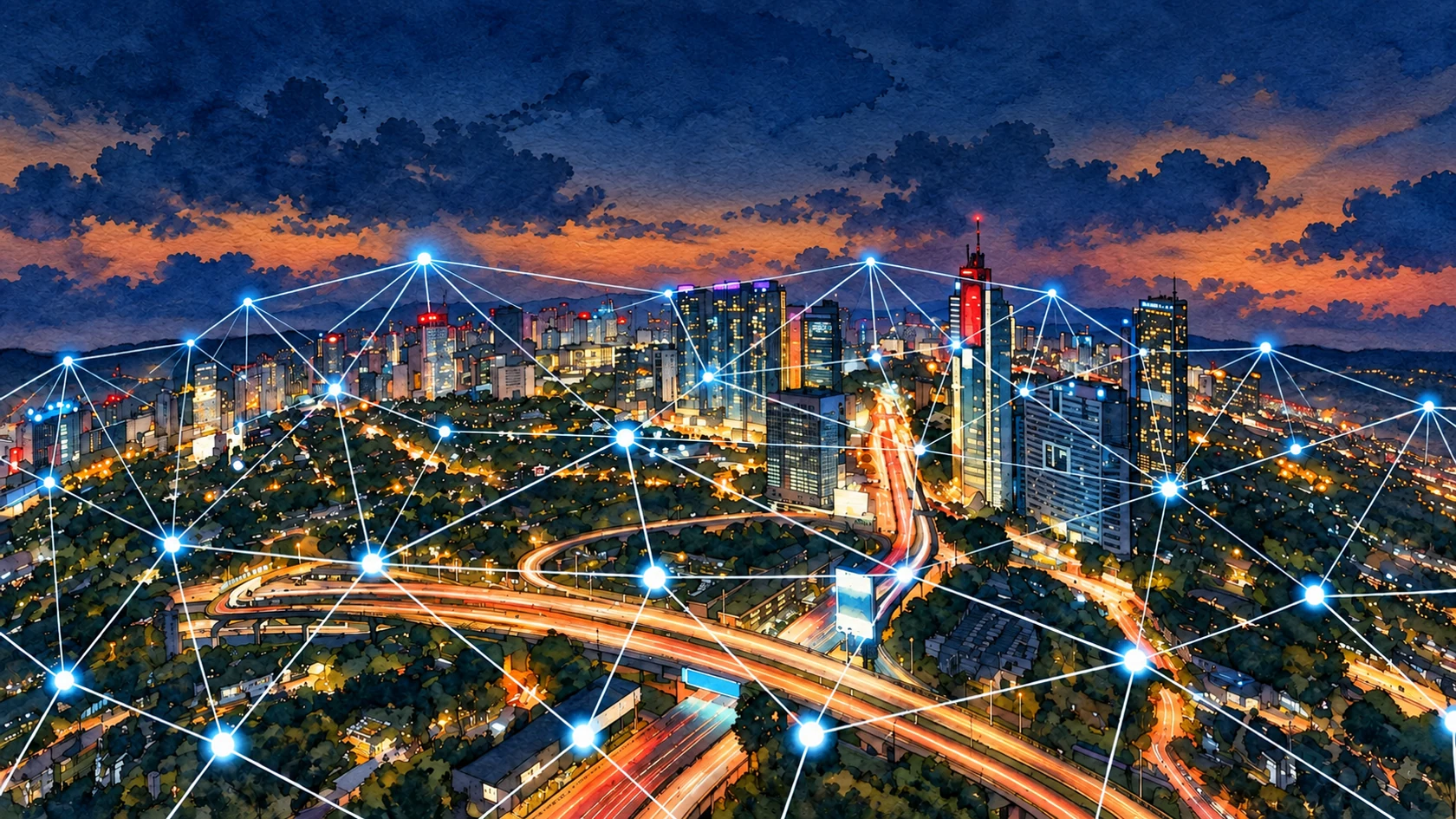 Ilustracja tuszem i akwarelą na podstawie oryginalnej okładki: Wireless mesh – kwintesencja życia bez LAN-u