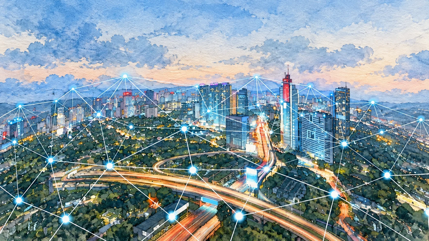 Ilustracja tuszem i akwarelą na podstawie oryginalnej okładki: Wireless mesh – kwintesencja życia bez LAN-u