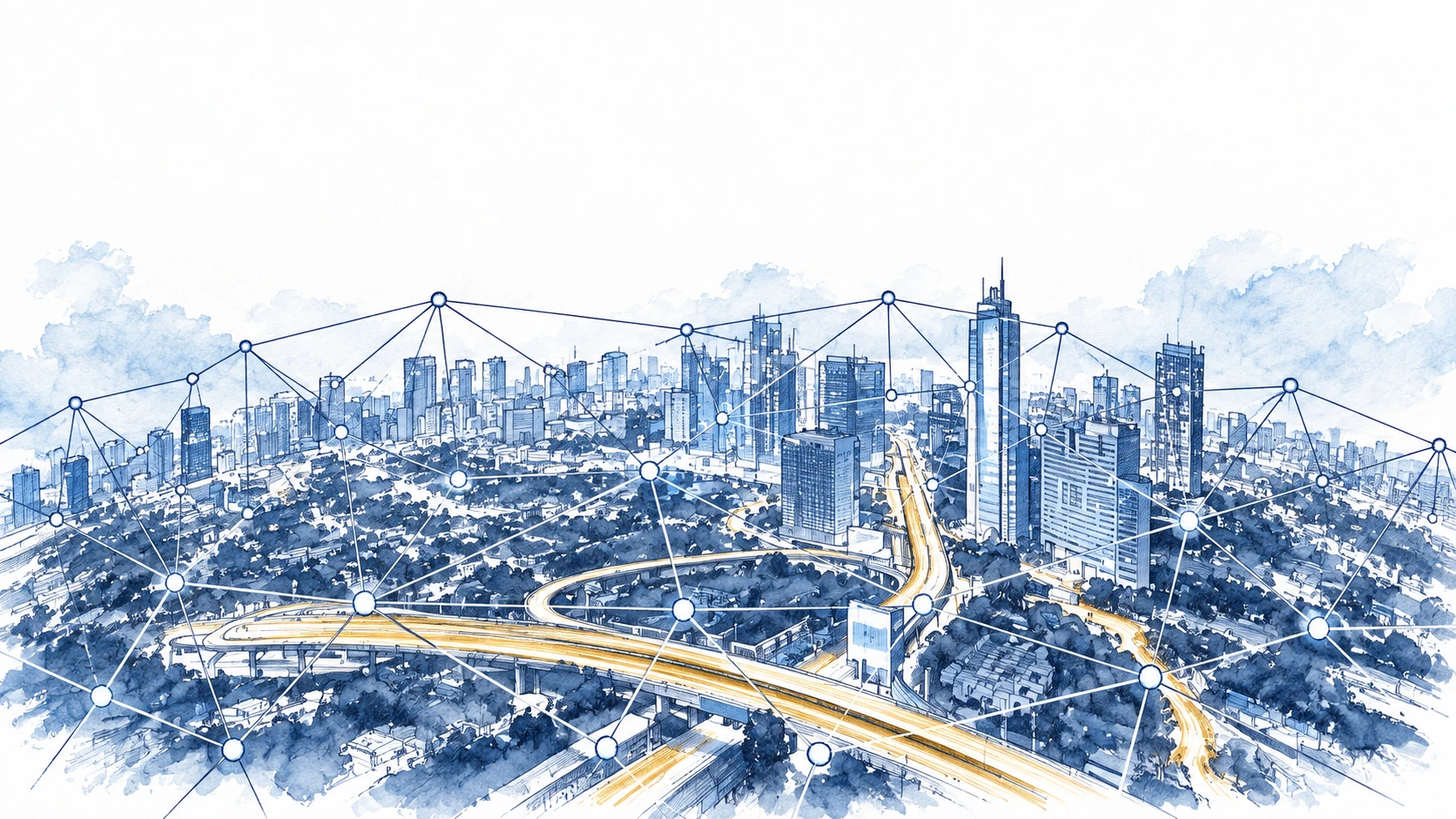Ilustracja tuszem i akwarelą na podstawie oryginalnej okładki: Wireless mesh – kwintesencja życia bez LAN-u