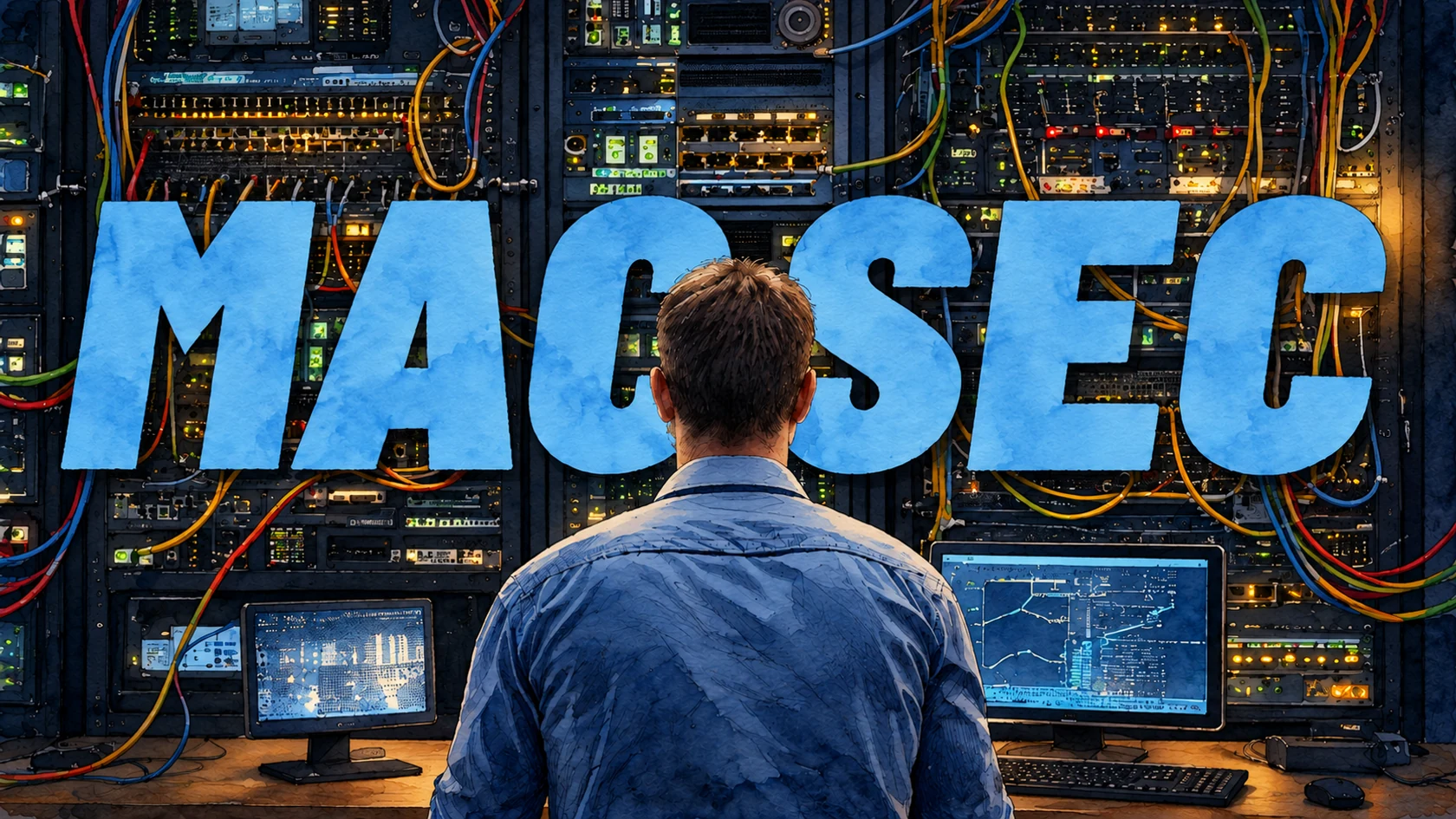 Ilustracja tuszem i akwarelą na podstawie oryginalnej okładki: MACsec – szyfrowanie w warstwie drugiej