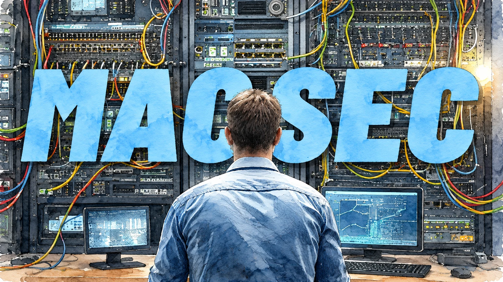 Ilustracja tuszem i akwarelą na podstawie oryginalnej okładki: MACsec – szyfrowanie w warstwie drugiej