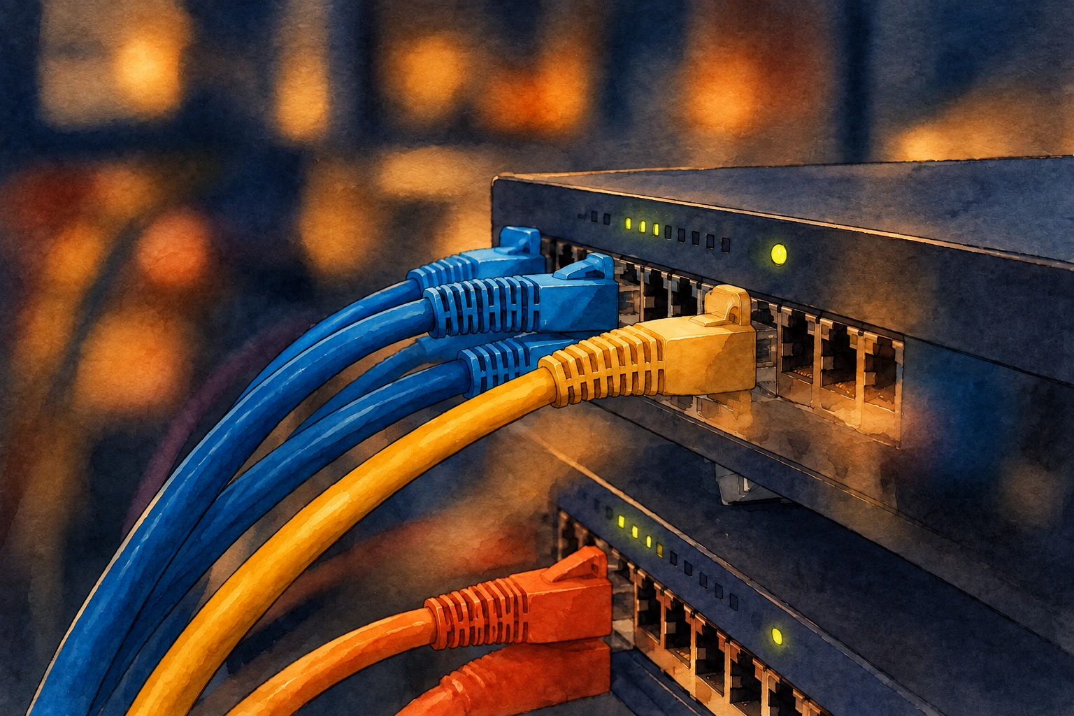 Kable Ethernet podłączone do przełączników — ilustracja tuszem i akwarelą na podstawie oryginalnej okładki