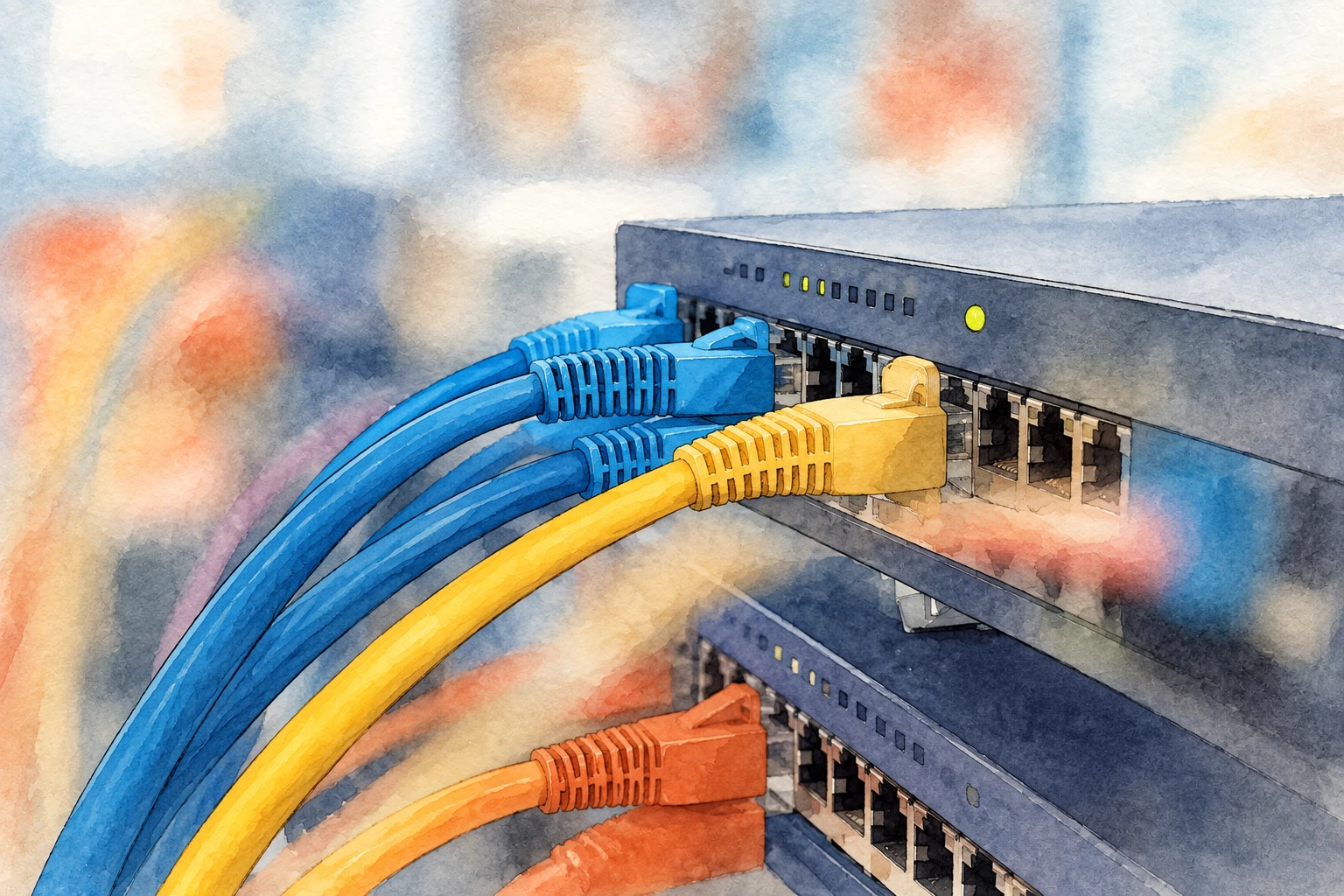 Kable Ethernet podłączone do przełączników — ilustracja tuszem i akwarelą na podstawie oryginalnej okładki