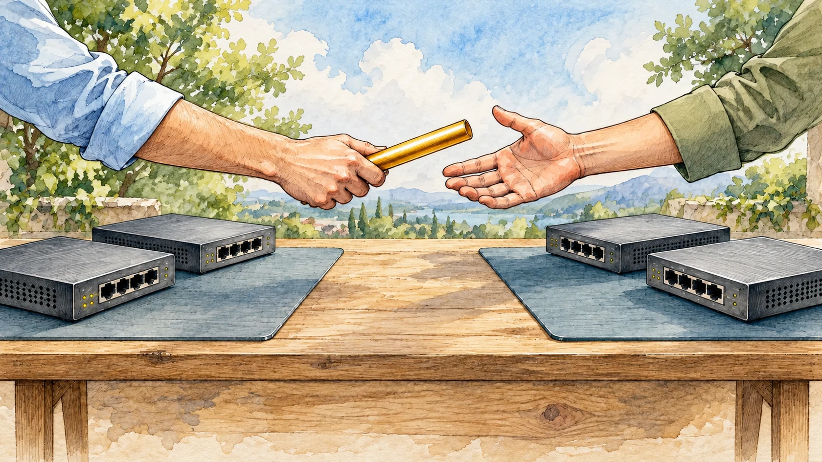 Ilustracja tuszem i akwarelą na podstawie oryginalnej okładki: Redystrybucja między OSPF a EIGRP [WYZWANIE]