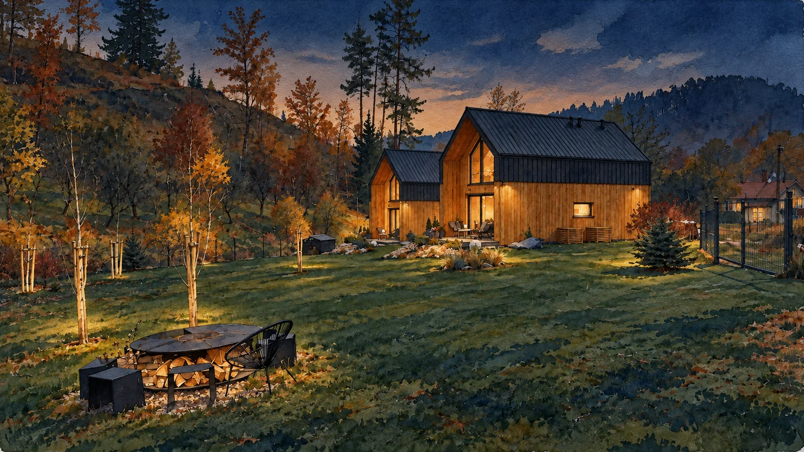 Ilustracja tuszem i akwarelą: Domki w Kudowie-Zdroju, wśród drzew i jesiennych wzgórz