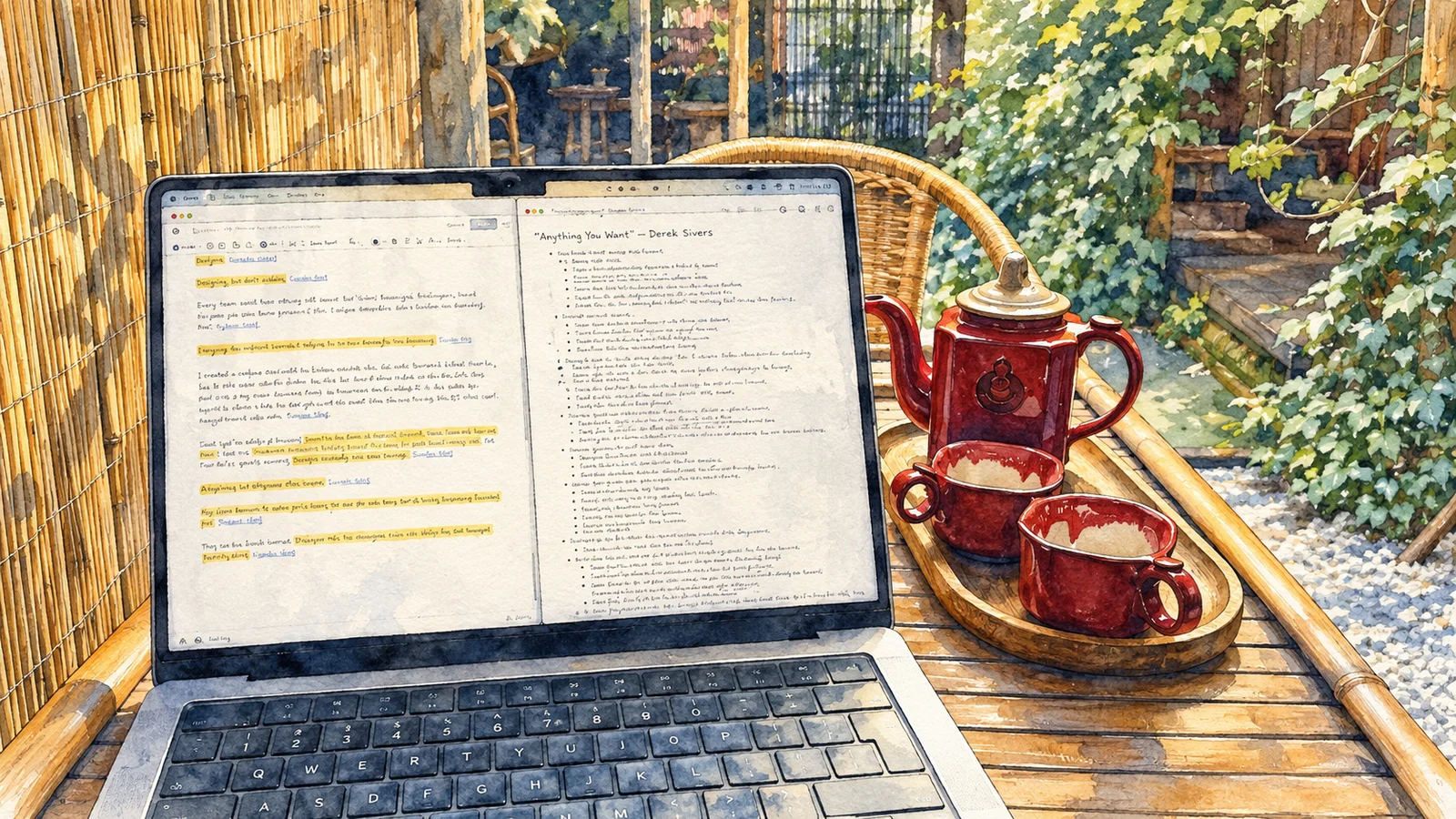 Ilustracja tuszem i akwarelą: Laptop z notatkami z książki Anything You Want, obok filiżanki i dzbanka herbaty