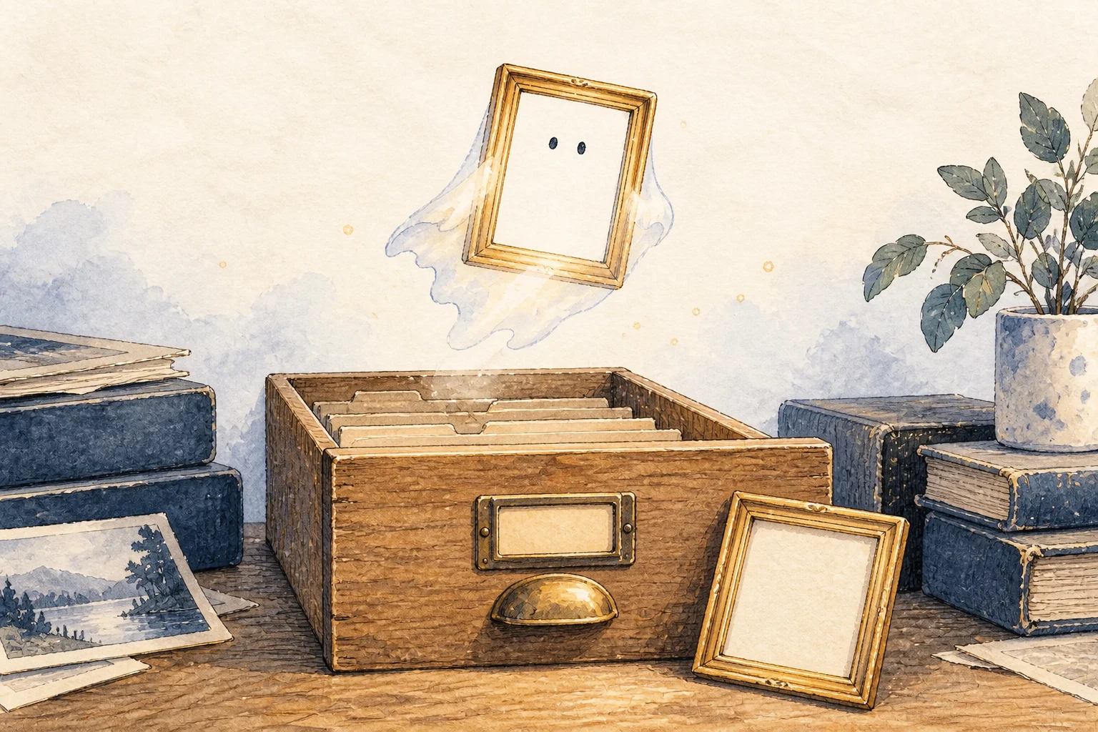 Ilustracja zastępcza: Duch obrazka unosi się nad szufladą archiwum