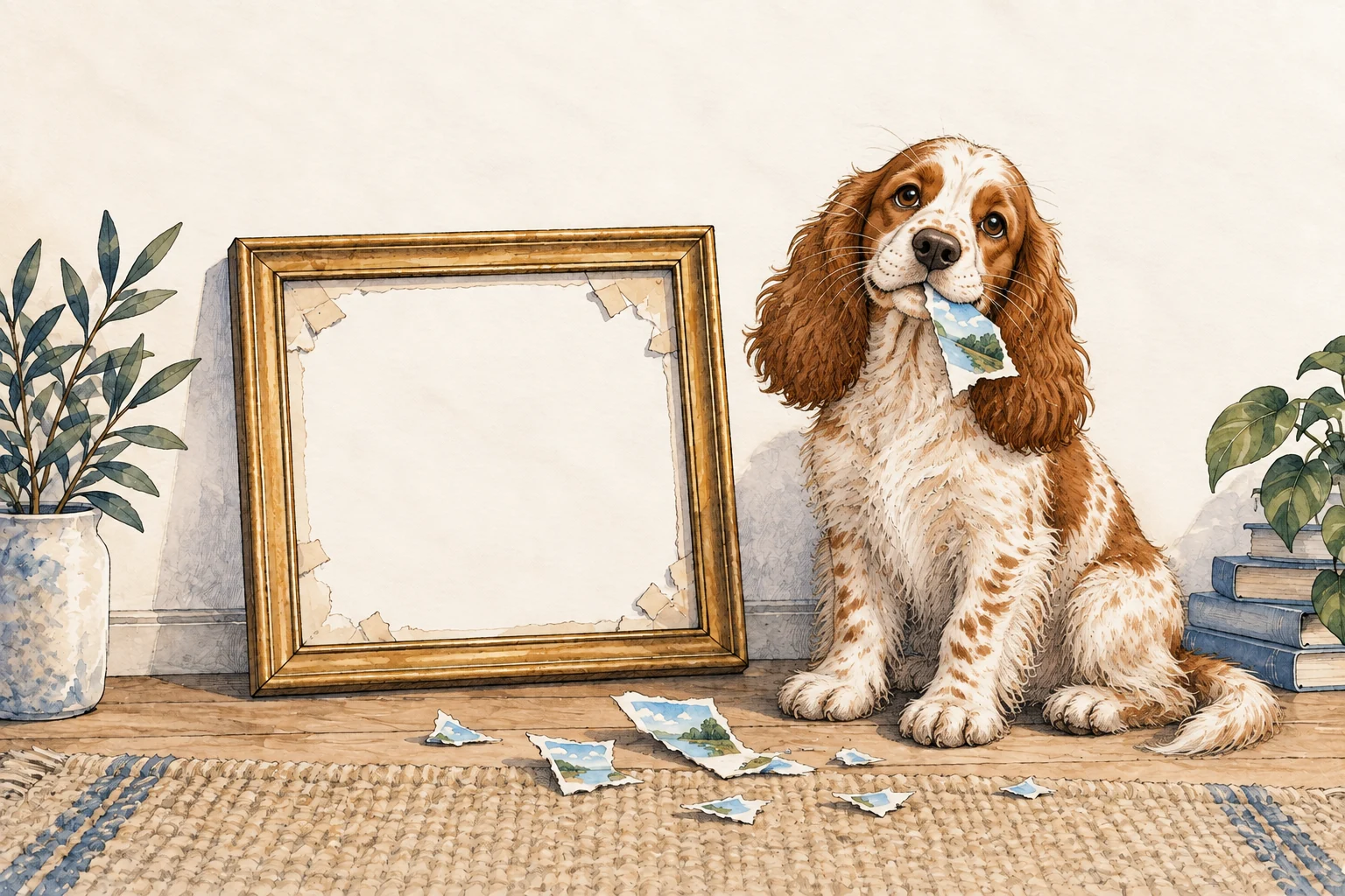 Ilustracja zastępcza: Mój pies Winston, jasny cocker spaniel z brązowymi uszami, przy podartym obrazku